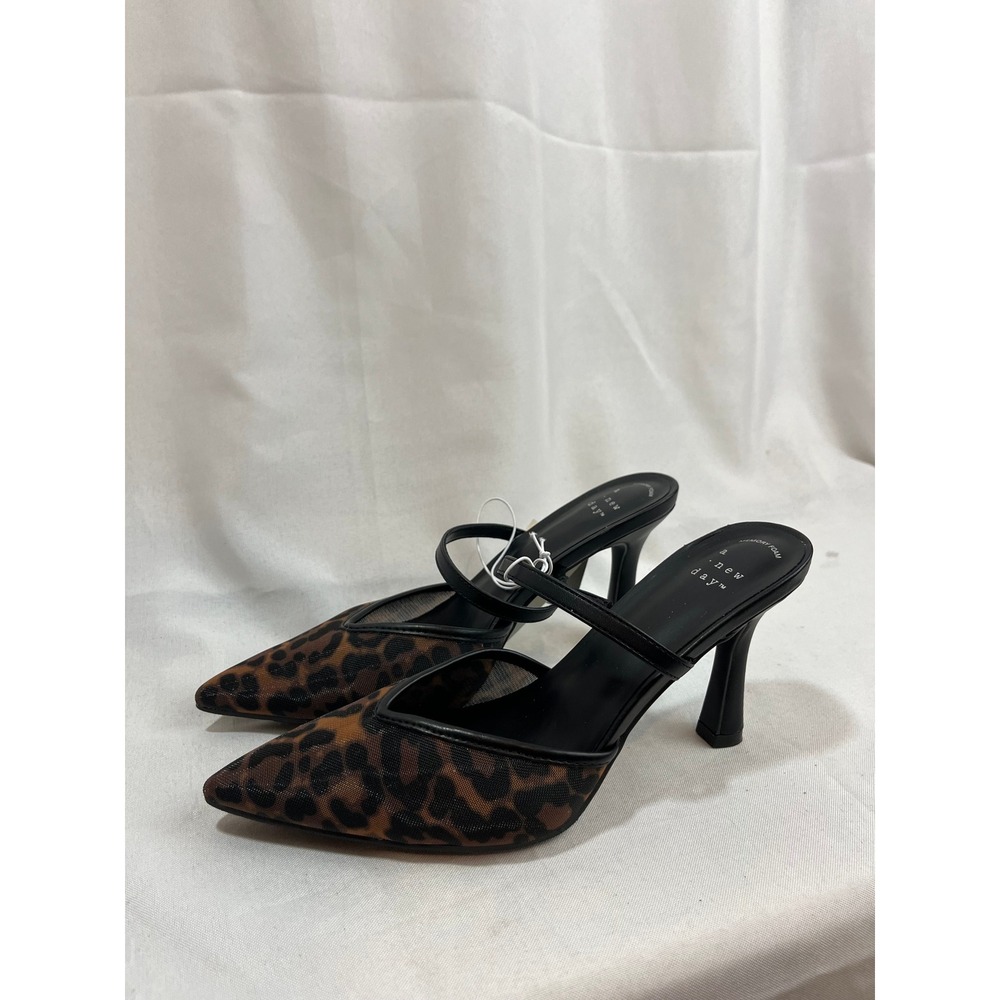 A New Day Leopard Print Mesh Mules Pointed Toe Heels Black Strap Womens 6.5 NEW